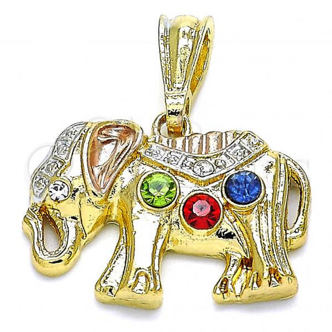 Oro Laminado Fancy Pendant, Gold Filled Style Elephant Design, with Multicolor Crystal, Polished, Tricolor, 05.351.0165