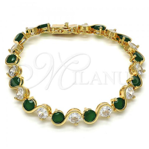 Oro Laminado Tennis Bracelet, Gold Filled Style with Green and White Cubic Zirconia, Polished, Golden Finish, 03.210.0068.3.08