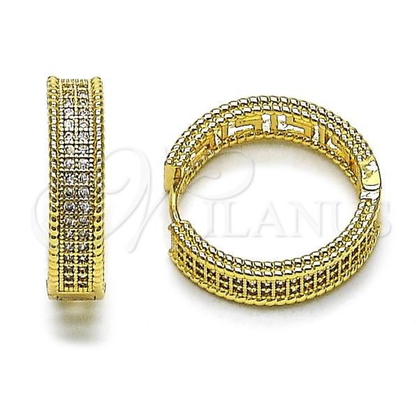 Oro Laminado Huggie Hoop, Gold Filled Style Greek Key Design, with White Micro Pave, Polished, Golden Finish, 02.283.0222.25