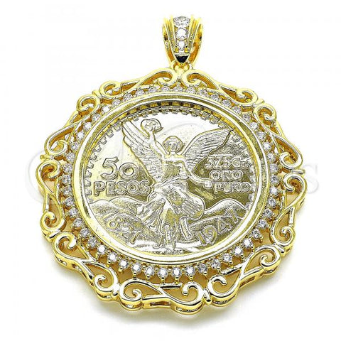 Oro Laminado Religious Pendant, Gold Filled Style Centenario Coin and Angel Design, with White Cubic Zirconia, Polished, Golden Finish, 05.253.0073