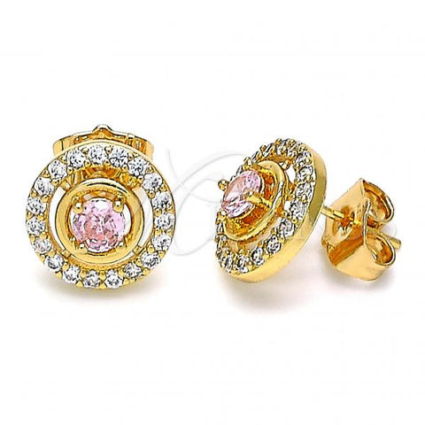 Oro Laminado Stud Earring, Gold Filled Style with Pink and White Cubic Zirconia, Polished, Golden Finish, 02.387.0015