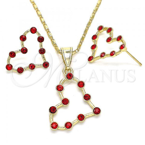Oro Laminado Earring and Pendant Adult Set, Gold Filled Style Heart Design, with Garnet Crystal, Polished, Golden Finish, 10.351.0014.1