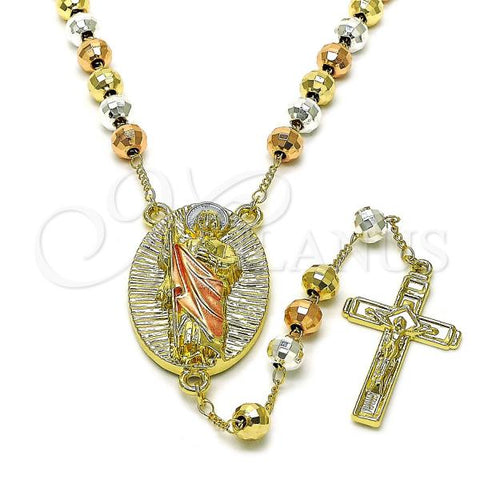 Oro Laminado Medium Rosary, Gold Filled Style San Judas and Disco Design, Diamond Cutting Finish, Tricolor, 09.411.0005.24