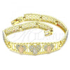 Oro Laminado Fancy Bracelet, Gold Filled Style Guadalupe and Heart Design, with White Micro Pave, Polished, Tricolor, 03.380.0013.08