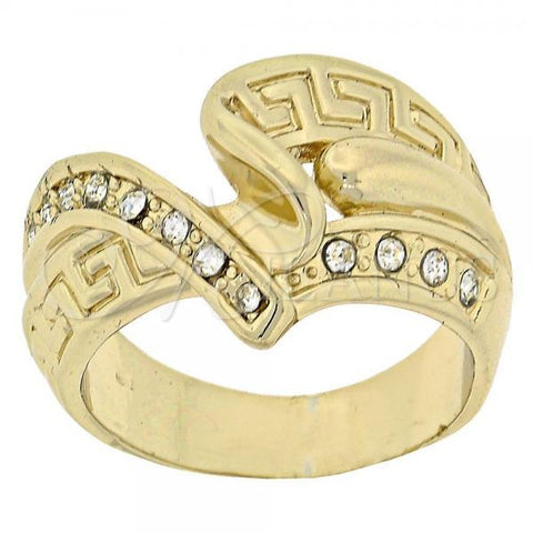 Oro Laminado Multi Stone Ring, Gold Filled Style Greek Key Design, with White Crystal, Diamond Cutting Finish, Golden Finish, 5.060.021.08 (Size 8)