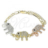 Oro Laminado Fancy Bracelet, Gold Filled Style Elephant Design, with White and Black Crystal, Polished, Tricolor, 03.380.0129.07