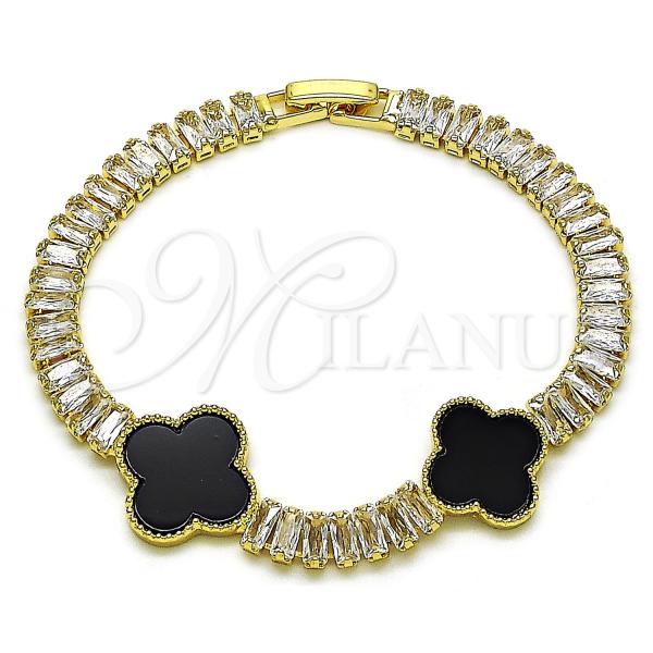 Oro Laminado Fancy Bracelet, Gold Filled Style Four-leaf Clover and Baguette Design, with Black Mother of Pearl and White Cubic Zirconia, Polished, Golden Finish, 03.283.0419.07