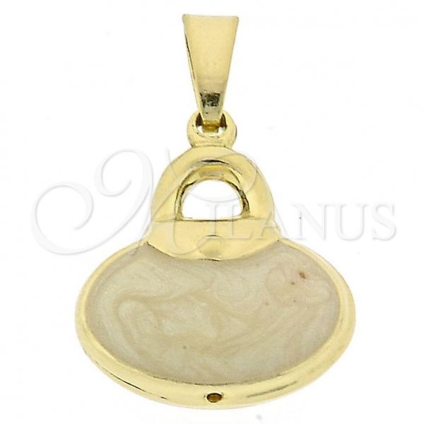 Oro Laminado Fancy Pendant, Gold Filled Style Purse Design, White Enamel Finish, Golden Finish, 45.016