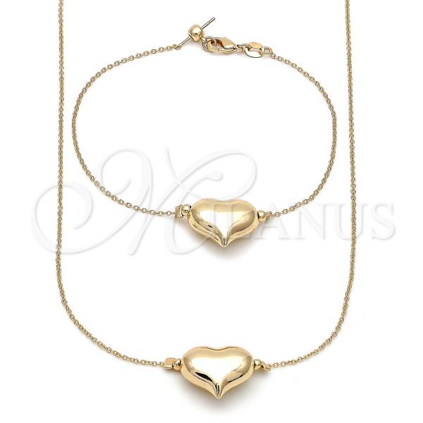 Oro Laminado Necklace and Bracelet, Gold Filled Style Heart and Hollow Design, Polished, Golden Finish, 06.63.0287