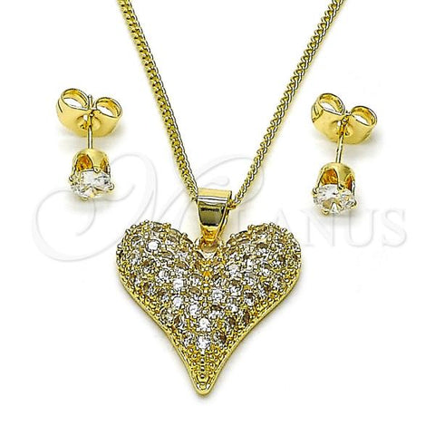 Oro Laminado Earring and Pendant Adult Set, Gold Filled Style Heart Design, with White Cubic Zirconia, Polished, Golden Finish, 10.63.0607