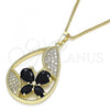 Oro Laminado Pendant Necklace, Gold Filled Style Teardrop and Butterfly Design, with Black Cubic Zirconia and White Micro Pave, Polished, Golden Finish, 04.284.0022.2.20