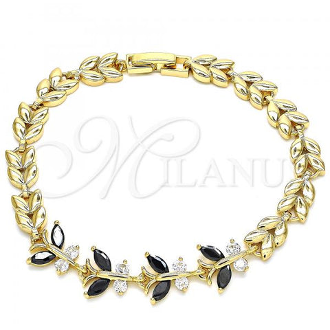 Oro Laminado Fancy Bracelet, Gold Filled Style Butterfly and Leaf Design, with Black and White Cubic Zirconia, Polished, Golden Finish, 03.210.0135.1.08