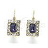 Oro Laminado Leverback Earring, Gold Filled Style with White and Amethyst Cubic Zirconia, Polished, Golden Finish, 5.125.022
