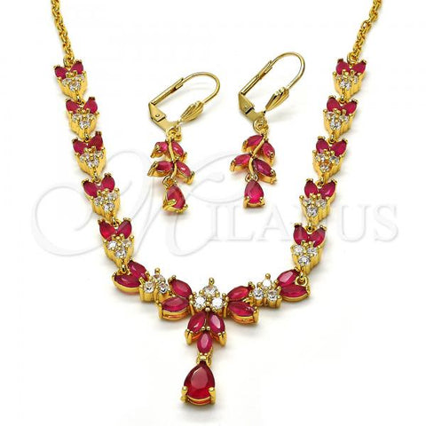 Oro Laminado Necklace and Earring, Gold Filled Style Teardrop and Leaf Design, with Ruby and White Cubic Zirconia, Polished, Golden Finish, 06.221.0004