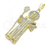 Oro Laminado Religious Pendant, Gold Filled Style San Benito Design, with White Crystal, Polished, Golden Finish, 05.253.0145