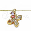 Oro Laminado Pendant Necklace, Gold Filled Style Butterfly Design, with Multicolor Cubic Zirconia and White Micro Pave, Polished, Golden Finish, 04.323.0012.20