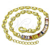 Oro Laminado Fancy Anklet, Gold Filled Style Puff Mariner and Baguette Design, with Multicolor Cubic Zirconia, Polished, Golden Finish, 03.130.0013.1.10