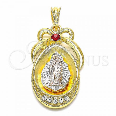 Oro Laminado Religious Pendant, Gold Filled Style Guadalupe and Teardrop Design, with Garnet and White Crystal, Polished, Tricolor, 05.351.0046