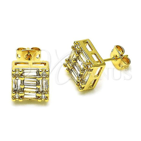 Oro Laminado Stud Earring, Gold Filled Style Baguette Design, with White Cubic Zirconia, Polished, Golden Finish, 02.342.0305