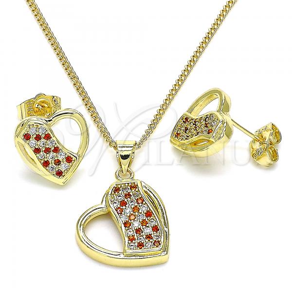Oro Laminado Earring and Pendant Adult Set, Gold Filled Style Heart Design, with Garnet and White Micro Pave, Polished, Golden Finish, 10.199.0104.2