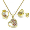 Oro Laminado Earring and Pendant Adult Set, Gold Filled Style Heart Design, with Garnet and White Micro Pave, Polished, Golden Finish, 10.199.0104.2