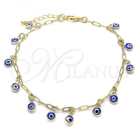 Oro Laminado Charm Anklet , Gold Filled Style Evil Eye and Paperclip Design, Blue Resin Finish, Golden Finish, 03.372.0023.10