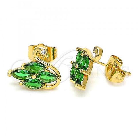 Oro Laminado Stud Earring, Gold Filled Style Swan Design, with Green and White Cubic Zirconia, Polished, Golden Finish, 02.310.0025