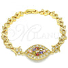 Oro Laminado Fancy Bracelet, Gold Filled Style Heart Design, with Multicolor Cubic Zirconia, Polished, Golden Finish, 03.210.0117.1.08