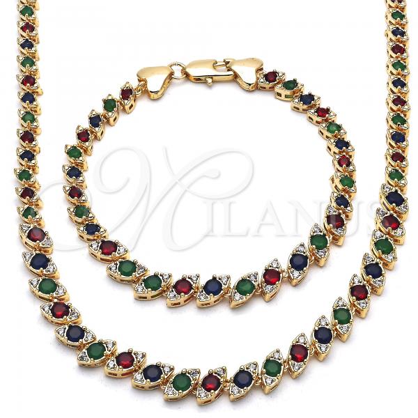 Oro Laminado Necklace and Bracelet, Gold Filled Style with Multicolor Cubic Zirconia, Polished, Golden Finish, 06.284.0014