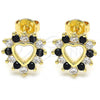 Oro Laminado Stud Earring, Gold Filled Style Heart Design, with Black and White Micro Pave, Polished, Golden Finish, 02.233.0024.1