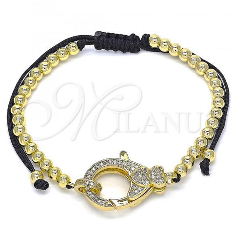Oro Laminado Adjustable Bolo Bracelet, Gold Filled Style Heart and Ball Design, with White Micro Pave, Polished, Golden Finish, 03.341.0086.11