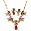 Oro Laminado Necklace and Earring, Gold Filled Style Flower and Teardrop Design, with Multicolor Cubic Zirconia, Polished, Golden Finish, 06.205.0003.1