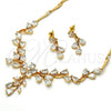Oro Laminado Necklace and Earring, Gold Filled Style Flower and Leaf Design, with White Cubic Zirconia, Polished, Golden Finish, 06.205.0004