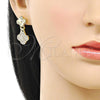 Oro Laminado Stud Earring, Gold Filled Style Four-leaf Clover Design, with White Cubic Zirconia, Diamond Cutting Finish, Golden Finish, 02.283.0250