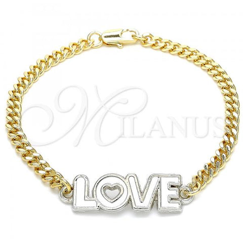 Oro Laminado Fancy Bracelet, Gold Filled Style Love and Heart Design, White Enamel Finish, Two Tone, 03.63.1861.07