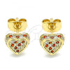 Oro Laminado Stud Earring, Gold Filled Style Heart Design, with Garnet and White Micro Pave, Polished, Golden Finish, 02.344.0019.2