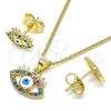 Oro Laminado Earring and Pendant Adult Set, Gold Filled Style Evil Eye Design, with Multicolor Micro Pave, White Enamel Finish, Golden Finish, 10.156.0364