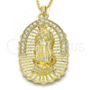 Oro Laminado Religious Pendant, Gold Filled Style Guadalupe Design, with White Crystal, Polished, Golden Finish, 05.213.0027