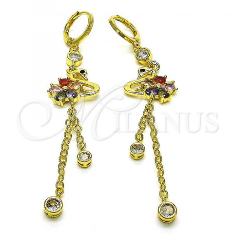 Oro Laminado Long Earring, Gold Filled Style Rolo and Swan Design, with Black Micro Pave and Multicolor Cubic Zirconia, Polished, Golden Finish, 02.316.0084