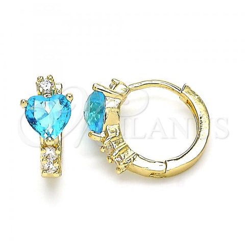 Oro Laminado Huggie Hoop, Gold Filled Style Heart Design, with Aqua Blue and White Cubic Zirconia, Polished, Golden Finish, 02.210.0647.2.15