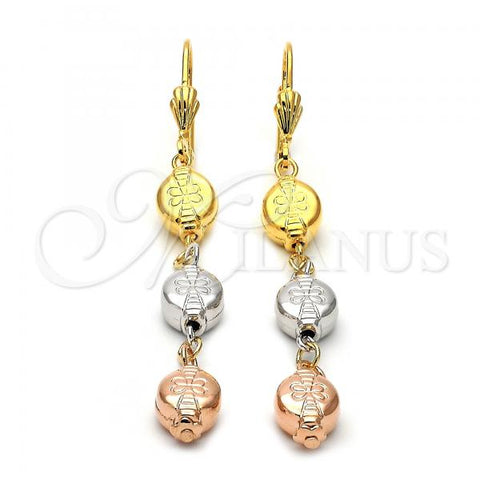 Oro Laminado Long Earring, Gold Filled Style Flower Design, Diamond Cutting Finish, Tricolor, 5.116.013