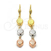 Oro Laminado Long Earring, Gold Filled Style Flower Design, Diamond Cutting Finish, Tricolor, 5.116.013