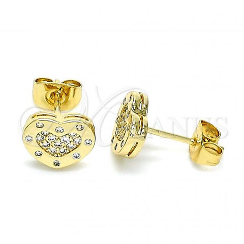 Oro Laminado Stud Earring, Gold Filled Style Heart Design, with White Micro Pave, Polished, Golden Finish, 02.344.0118