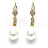 Oro Laminado Long Earring, Gold Filled Style Heart and Teardrop Design, with Ivory Pearl and White Micro Pave, Polished, Golden Finish, 02.387.0108