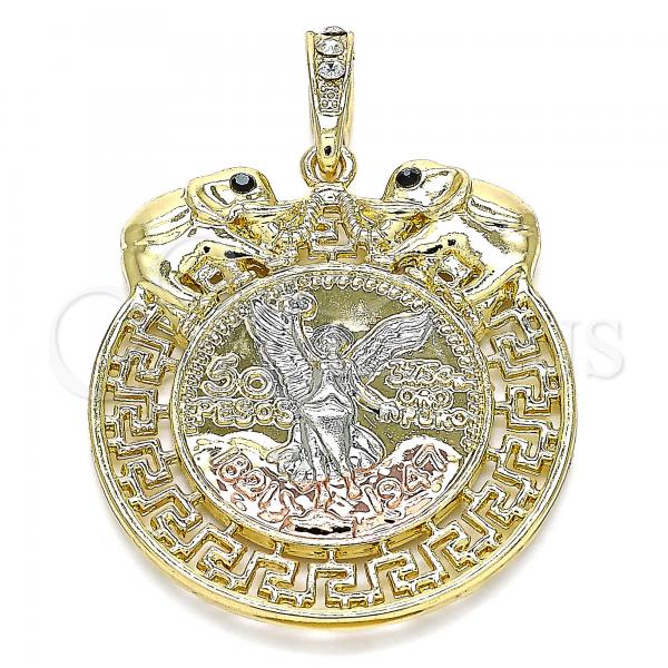 Oro Laminado Religious Pendant, Gold Filled Style Centenario Coin and Angel Design, with Black Crystal, Polished, Tricolor, 05.380.0024