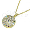 Oro Laminado Pendant Necklace, Gold Filled Style Evil Eye Design, with Multicolor Micro Pave, Polished, Golden Finish, 04.156.0401.20