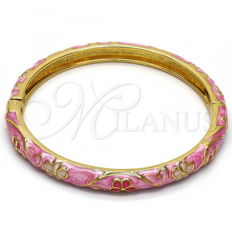 Oro Laminado Individual Bangle, Gold Filled Style Flower Design, Pink Enamel Finish, Golden Finish, 07.246.0006.1.05 (06 MM Thickness, Size 5 - 2.50 Diameter)
