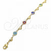 Oro Laminado Fancy Bracelet, Gold Filled Style Evil Eye and Heart Design, Multicolor Resin Finish, Golden Finish, 03.326.0008.08