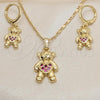 Oro Laminado Earring and Pendant Adult Set, Gold Filled Style Teddy Bear and Heart Design, with Ruby Micro Pave, Polished, Golden Finish, 10.196.0058.1