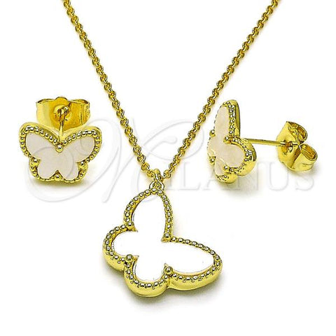 Oro Laminado Earring and Pendant Adult Set, Gold Filled Style Butterfly and Rolo Design, with Ivory Mother of Pearl, Polished, Golden Finish, 10.313.0009